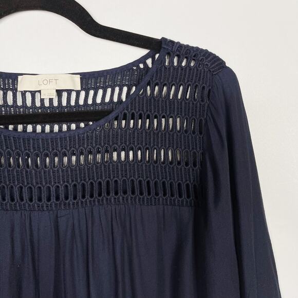 LOFT Navy Blue Medium M Eyelet Detail Long Sleeve Blouse Top Open Work Yoke - Picture 3 of 9